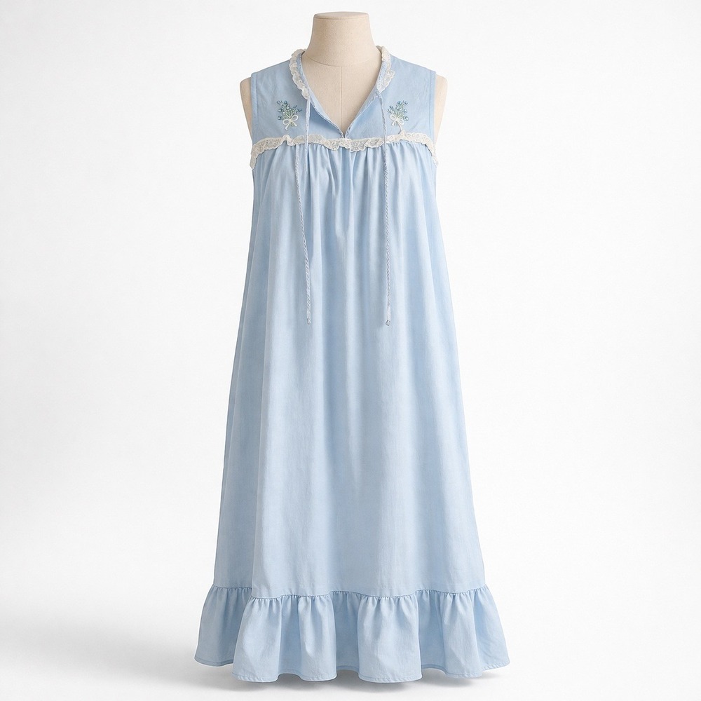 Vintage Floral Embroidered Lace Maxi Nightgown Sz S Powder Blue Coquette Prairie
